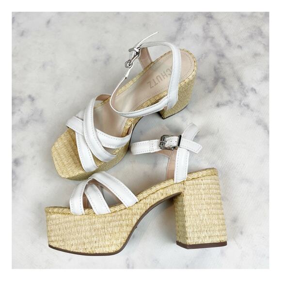 SCHUTZ Shoes - Schutz Stacie White Crisscross Leather Strap Raffia Heel Platform Sandals NWOB